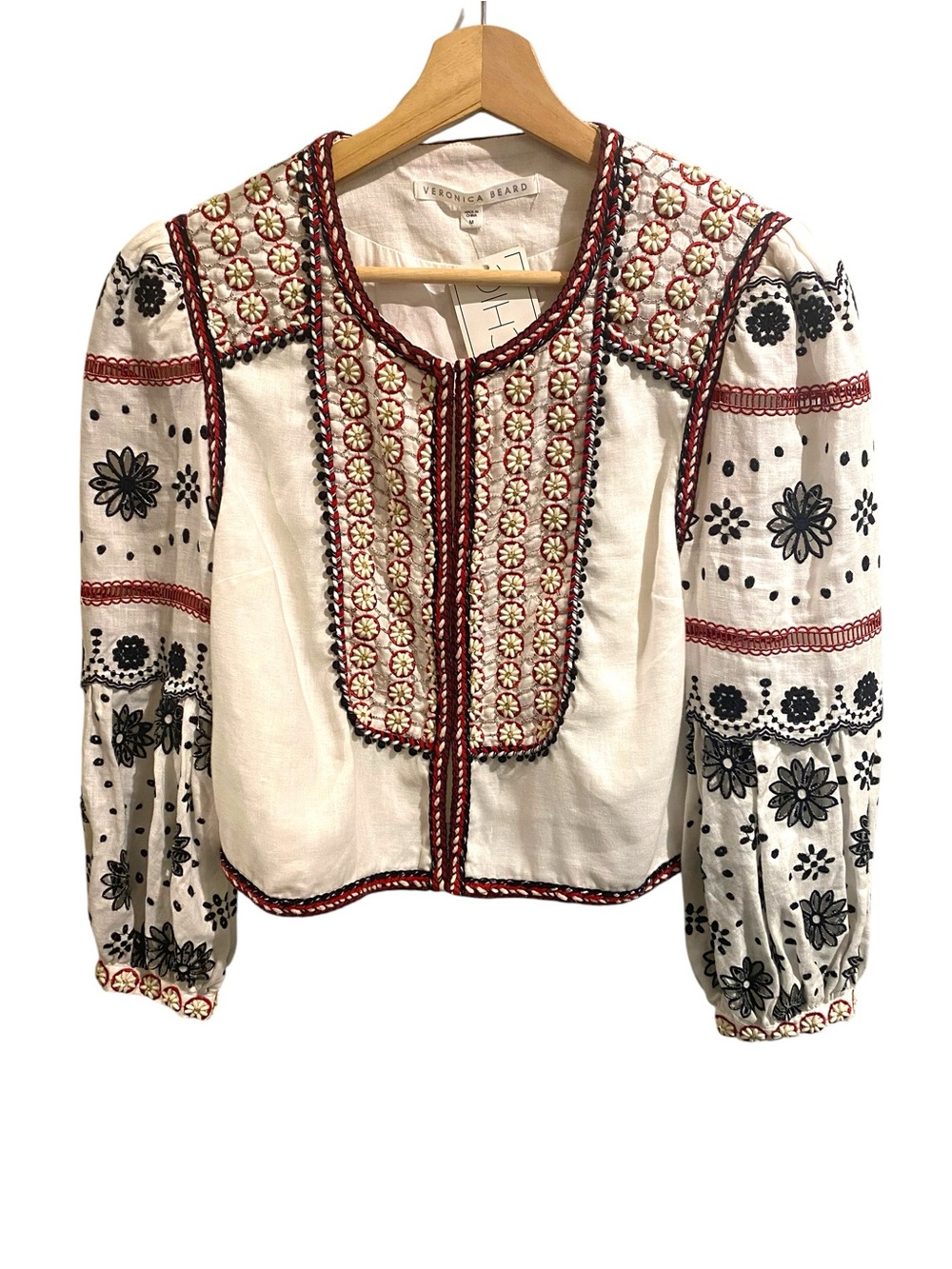 Veronica Beard Shilin Linen Eyelet Embroidered Balloon Sleeve Cropped Jacket - Picture 2 of 6